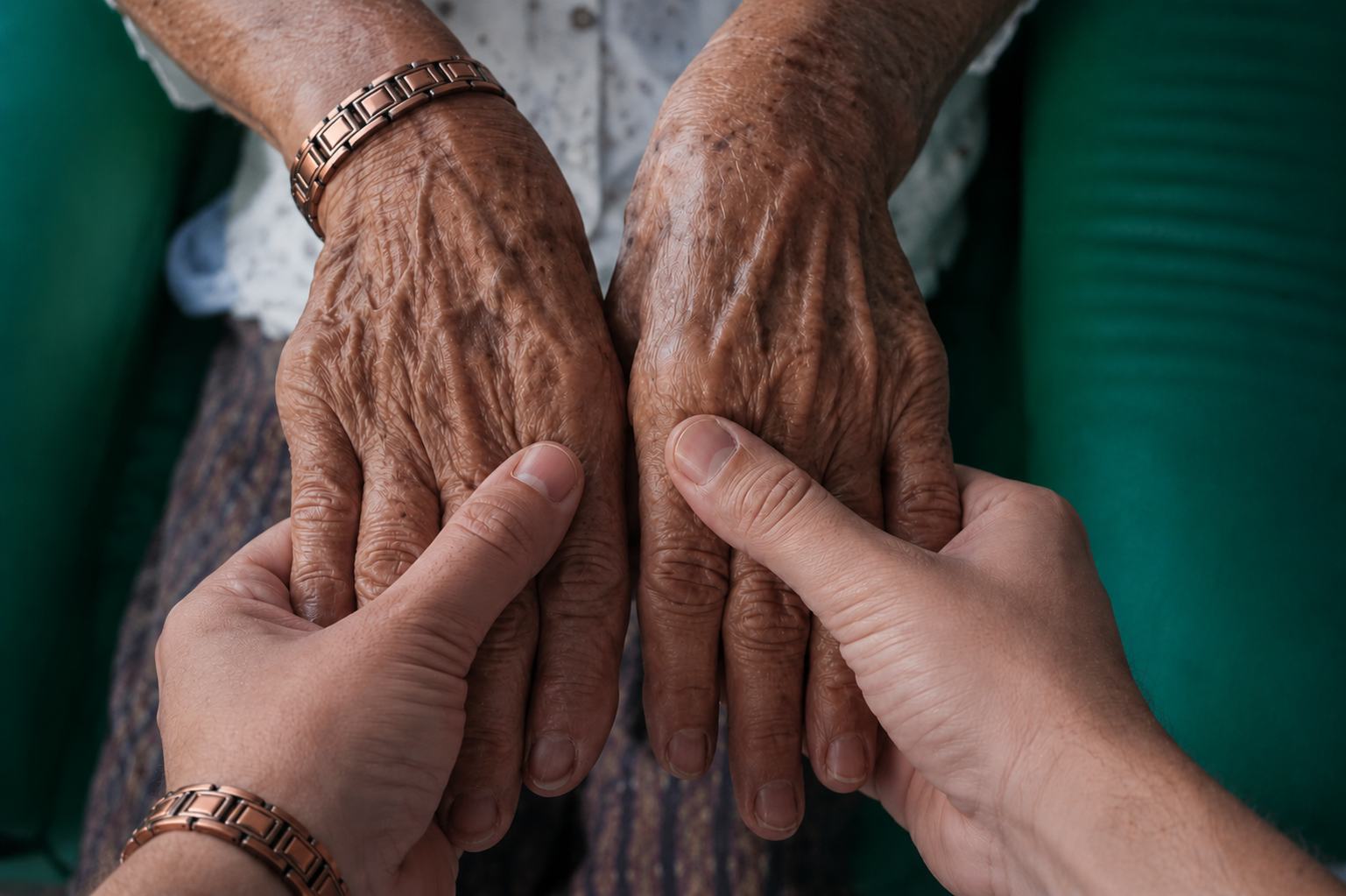 Mature hands wearing a copper bracelet for natural relief from joint stiffness