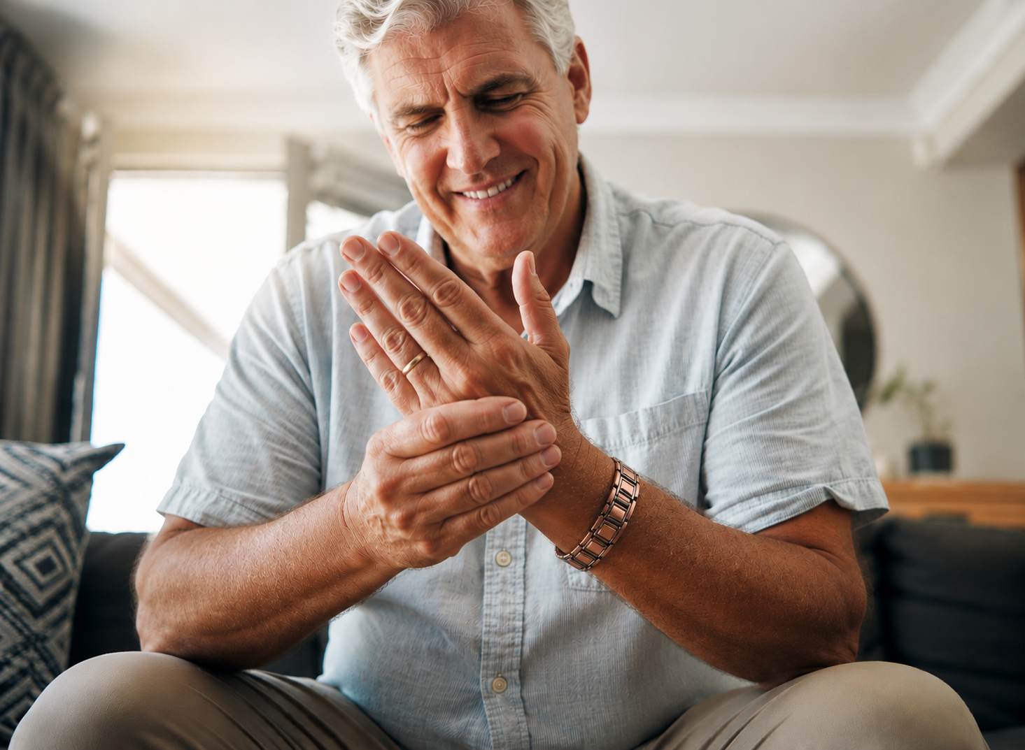Stylish mature man holding his wrist while wearing a copper bracelet